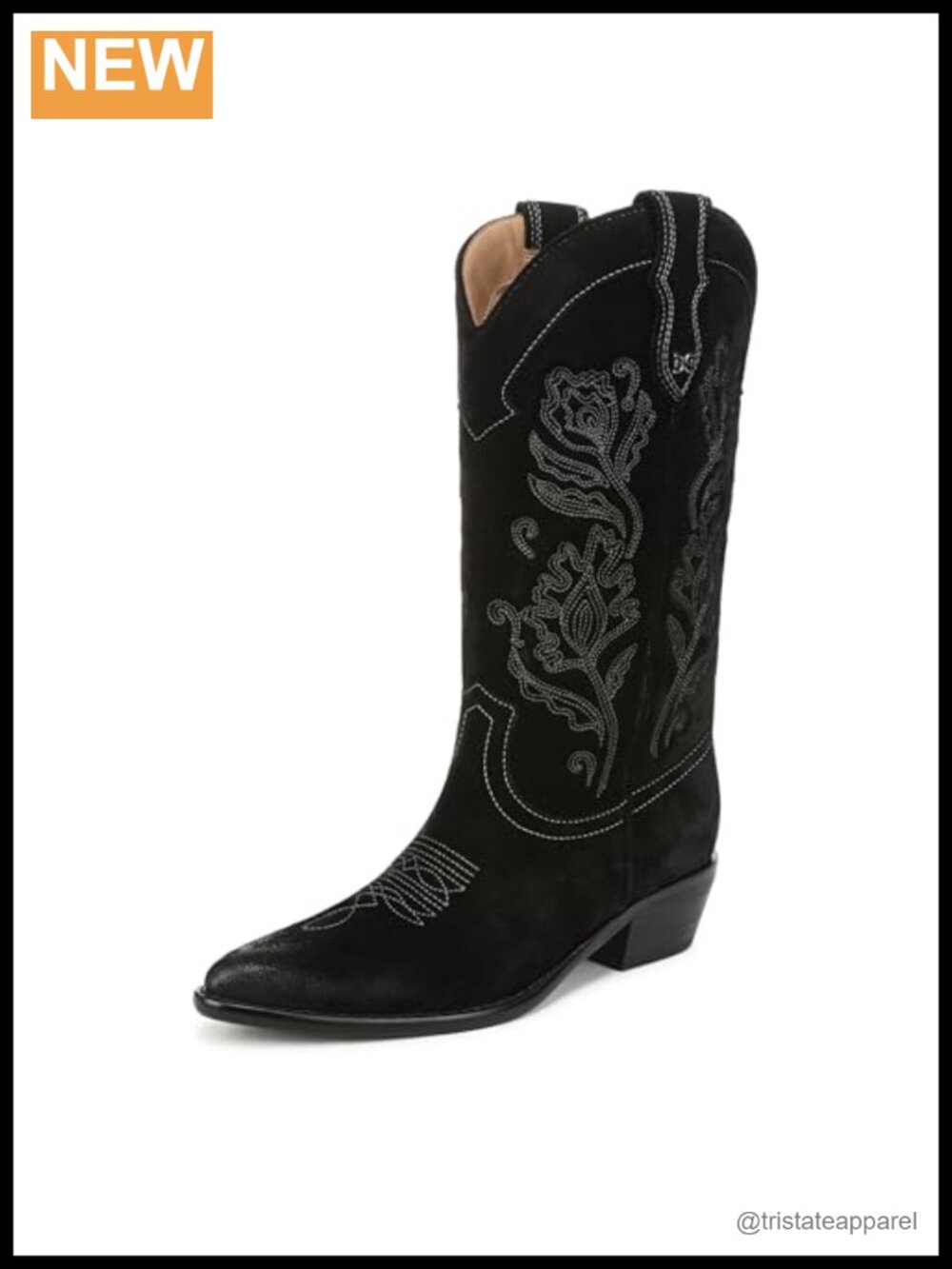 Women's Suede Mid-Calf Boots Embroidered Pull-On Pointed Toe Cuban Heel